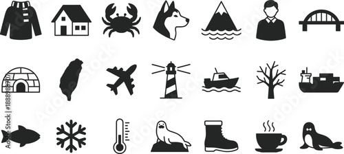 Winter travel and coastal lifestyle icon set featuring transportation, animals, weather symbols, buildings, clothing, sea elements, lighthouse, temperature, vector silhouette illustration collection.