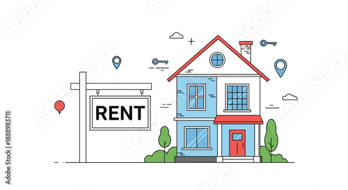Charming suburban house with a for rent sign on the lawn and location pin icons in the sky representing real estate and property listings.