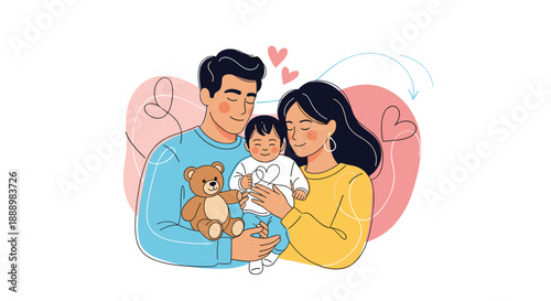 Portrait of a happy young family with a father holding a teddy bear, a mother, and a smiling baby boy surrounded by decorative hearts.