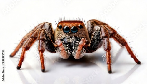 Close-up of a Phidippus regius jumping spider on white background.