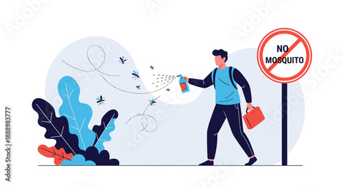 Man using an aerosol spray can to kill mosquitoes near a no mosquito warning sign in an outdoor park setting with blue foliage icons.