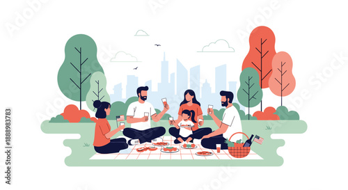 Happy family enjoying a summer picnic in a city park with food on a blanket and small American flags representing holiday celebrations.