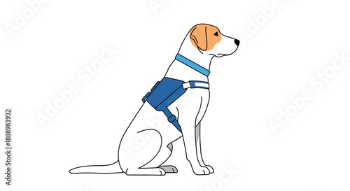 Guide dog wearing a blue service harness sitting patiently and waiting for commands to assist its owner.