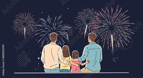 Family consisting of two fathers and two daughters watching a spectacular fireworks display in the dark night sky.