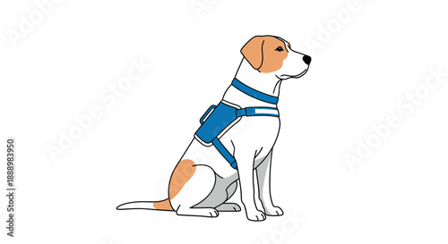 Well-trained service dog with a blue harness sitting and alert to provide assistance to a person with a disability.