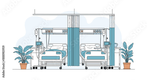 Clean and modern hospital room featuring two empty patient beds, medical monitors, and privacy curtains.