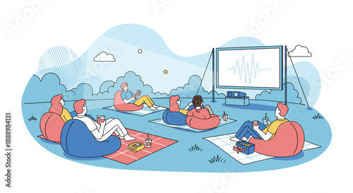 People enjoying an outdoor movie night on bean bag chairs in a park with a large projector screen and evening atmosphere.