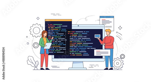 Software developers collaborating in front of a giant computer screen with lines of code and gear icons for technical work.
