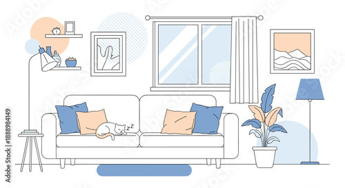 Peaceful living room interior featuring a sleeping white cat on a white sofa with blue and orange pillows near a window.