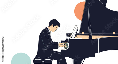 Talented pianist playing a grand piano with focus and passion in a minimalist artistic illustration with colorful circles.