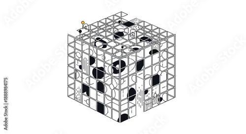 Abstract isometric wireframe cube with organic black and white ink blot patterns inside for a creative art and design concept.