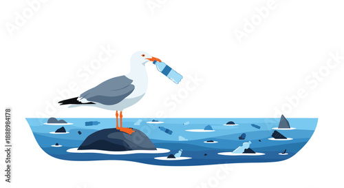 Seagull standing on a rock in the ocean with a plastic water bottle in its beak highlighting environmental pollution.