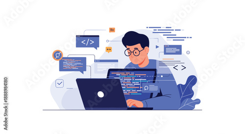 Focused software developer working on complex programming code using a laptop with multiple floating digital interface windows.