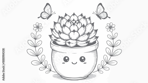 Cute succulent in a pot with butterflies and flowers, a charming black and white line art illustration