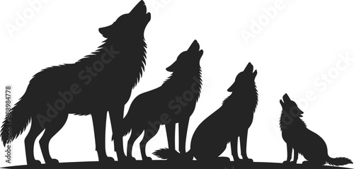Howling wolf family silhouette pack wildlife illustration showing different sizes isolated on white background nature symbol art for adobe stock