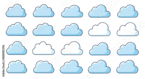 Collection of various blue and white cartoon fluffy clouds