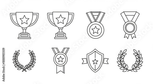 A set of eight black and white line art icons depicting various awards and symbols of achievement