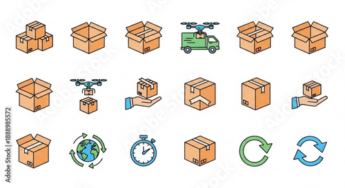 Logistics and delivery icons including boxes drones trucks and recycling symbols for business and transportation concepts