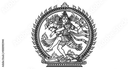 Nataraja Shiva silhouette, cosmic dance, Hindu deity, flame ring, Apasmara, spiritual art, Indian culture, CAD drawing flat vector illustration