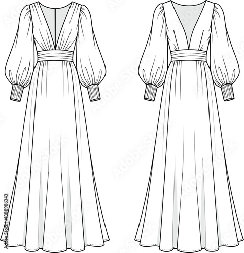 Long dress technical sketch with deep V-neckline, puffed sleeves, pleated bodice, waistband detail, and front back fashion views