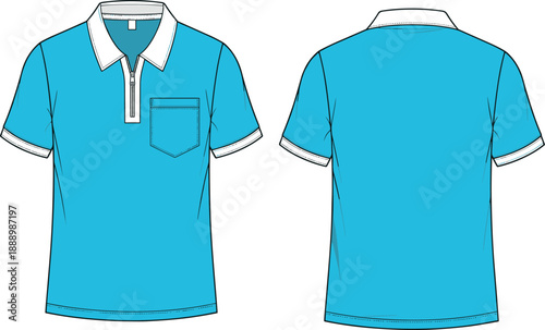 Men’s polo shirt technical fashion flat sketch with front and back views, zipper placket, chest pocket vector illustration