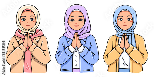 Cute Hijab Women Greeting with Prayer Hands, Islamic Cartoon Style