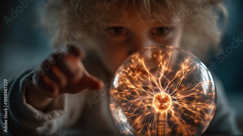 Curious child gazes at an illuminated plasma globe, fingers extended towards the energy