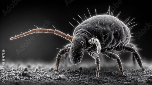 close-up of a dust mite under microscope with spikes and textured body in black and white