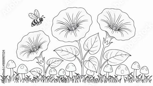 A charming black and white pen and ink drawing of flowering plants with mushrooms and a bee, perfect for coloring pages and nature-themed designs