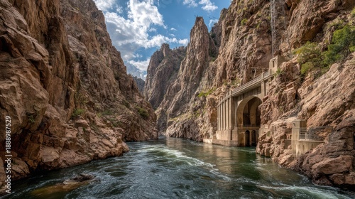 Deep canyon with river, bridge, and dam structure, under a partly cloudy blue sky