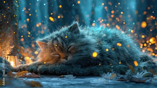 Dreamy cat napping serenely amongst foliage and floating sparkles, lit by a lantern