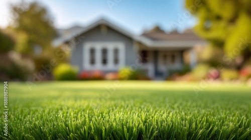 Wallpaper Mural Vibrant blades of grass spread across the yard, framing a charming house. Flowers bloom in shades of red and yellow, creating a peaceful and inviting atmosphere under the warm afternoon sun Torontodigital.ca