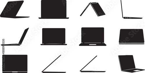 Silhouette of various laptops in different positions on white background for design and technology concepts