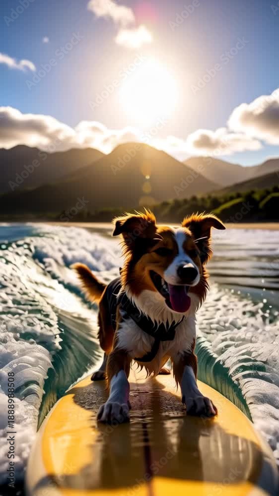 custom made wallpaper toronto digitalJoyful dog surfs ocean wave on surfboard under bright sun and cloudy sky