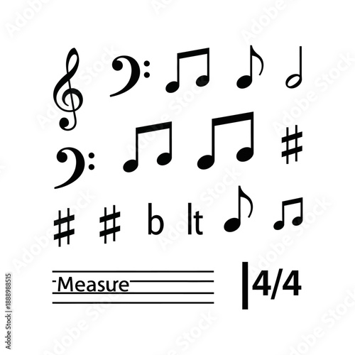 A graphic collection of various black musical notation symbols including clefs, notes, sharps, flats, and time signatures on a plain white background.