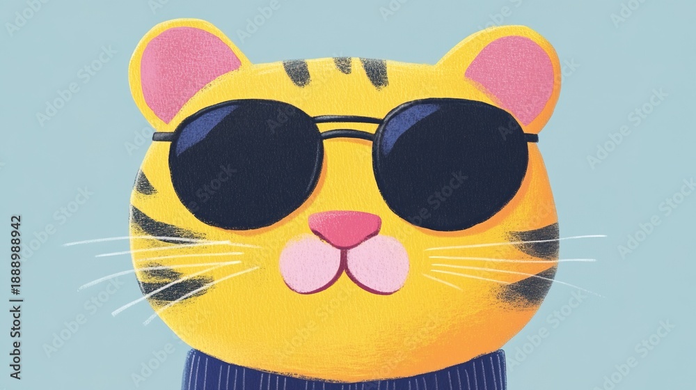 Fototapeta premium Cute cartoon tiger wearing sunglasses and a sweater on a plain background
