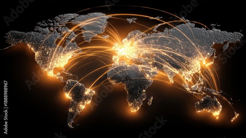 Glowing lines connecting cities across a world map silhouette in a dark space