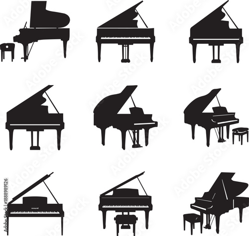 Silhouette of multiple grand pianos in various positions on white background