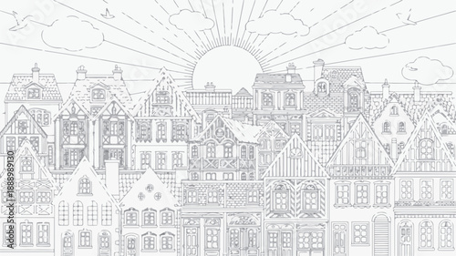 Detailed black and white line drawing of a quaint European cityscape with various houses and buildings, featuring a sunrise, ideal for an adult coloring book