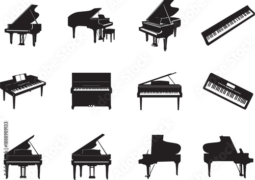 Silhouette of various pianos and keyboards on white background for music concepts