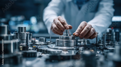 Hands of a person in a lab coat precisely assembling machinery components