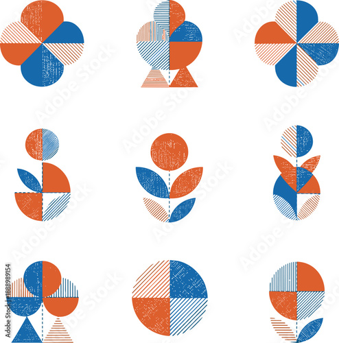 Bauhaus Inspired Abstract Geometric Vector Grid Collection. Distressed Grunge Circles, Triangles, and Modern Design Elements in Blue and Terracotta Colors