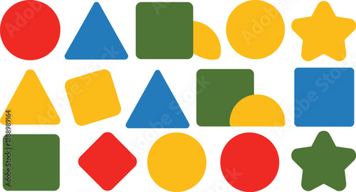 A colorful arrangement of various geometric shapes on a white background