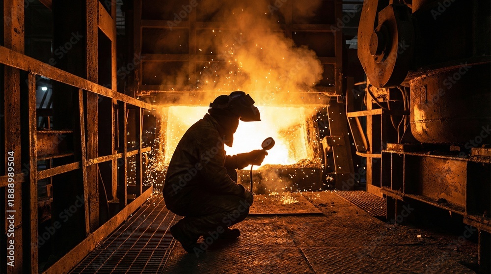 Fototapeta premium Industrial worker inspecting molten metal in a fiery factory environment from a crouched viewpoint
