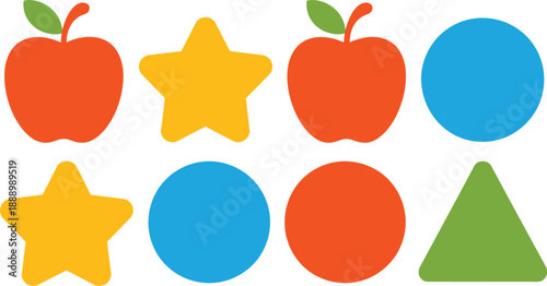 A colorful arrangement of geometric shapes and fruit icons on a white background