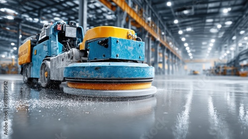 Large industrial floor cleaner buffs concrete in an expansive warehouse with overhead lighting