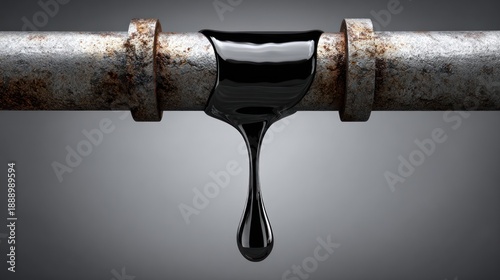 Leaking black liquid dripping from a rusted metal pipe with fittings against a gray backdrop