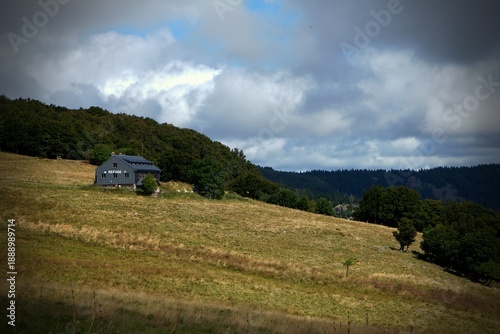 Isolated cabin in meadow landscape