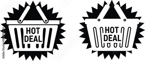 Hot Deal Shopping Basket Icons Set, Black and White Discount Sale Badges for Retail, Ecommerce Promotions and Marketing Graphics