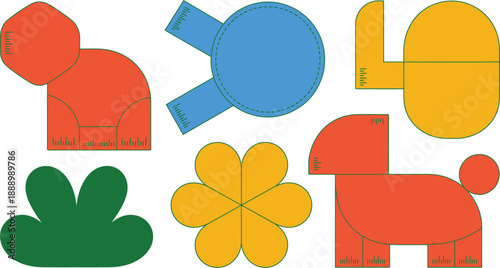 A colorful illustration of various shapes and objects cut out of paper for kids to assemble and learn